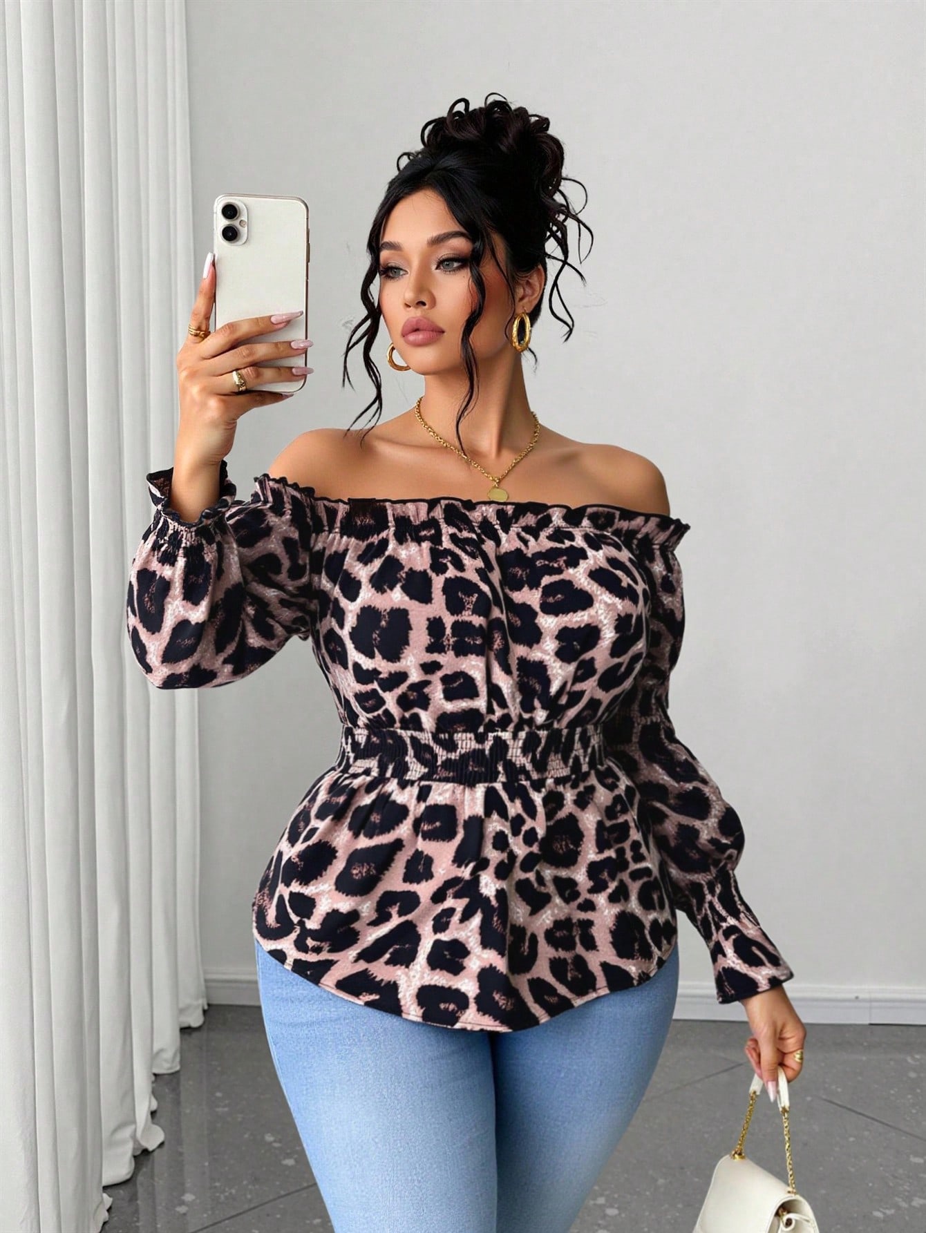 Off Shoulder Blouse - Plus Size Women Leopard Print Ruffled
