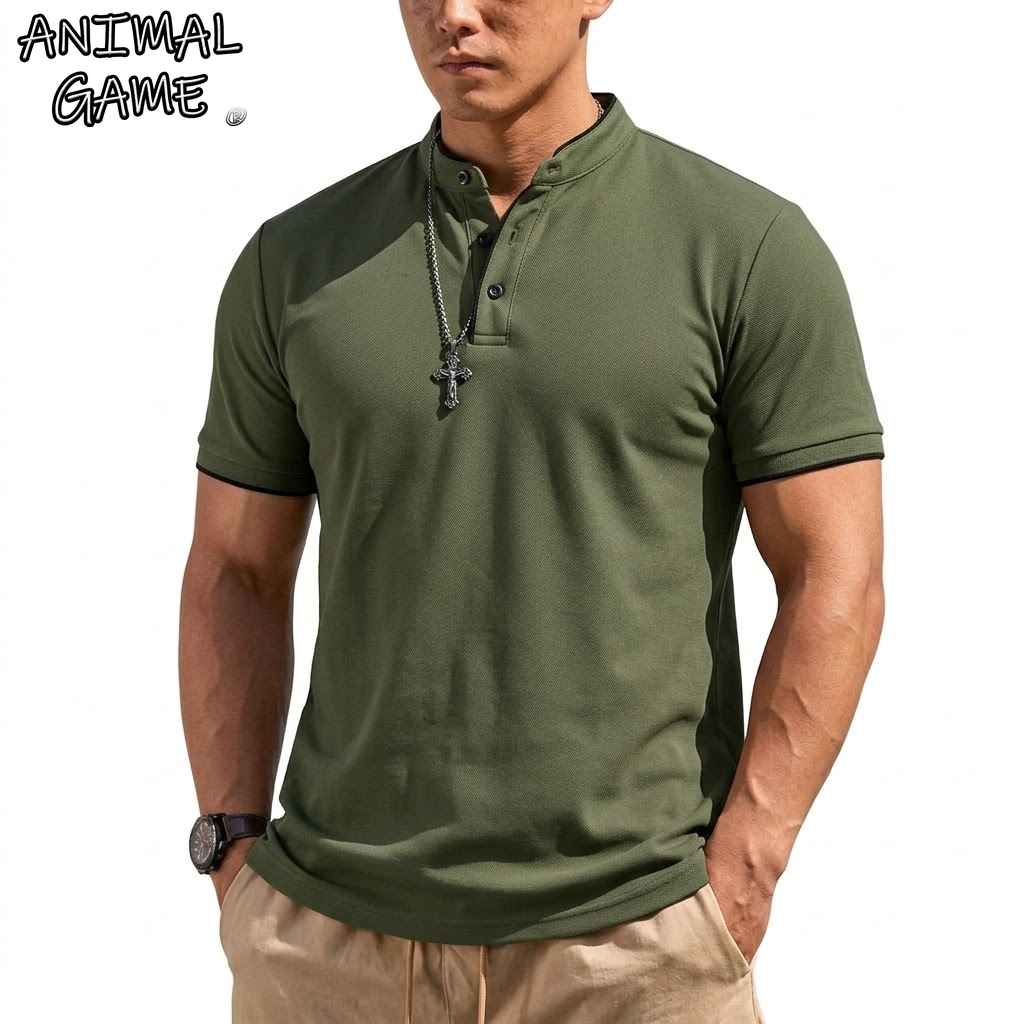 Summer Gym Clothing - Summer Short Sleeve Henley Shirt Men