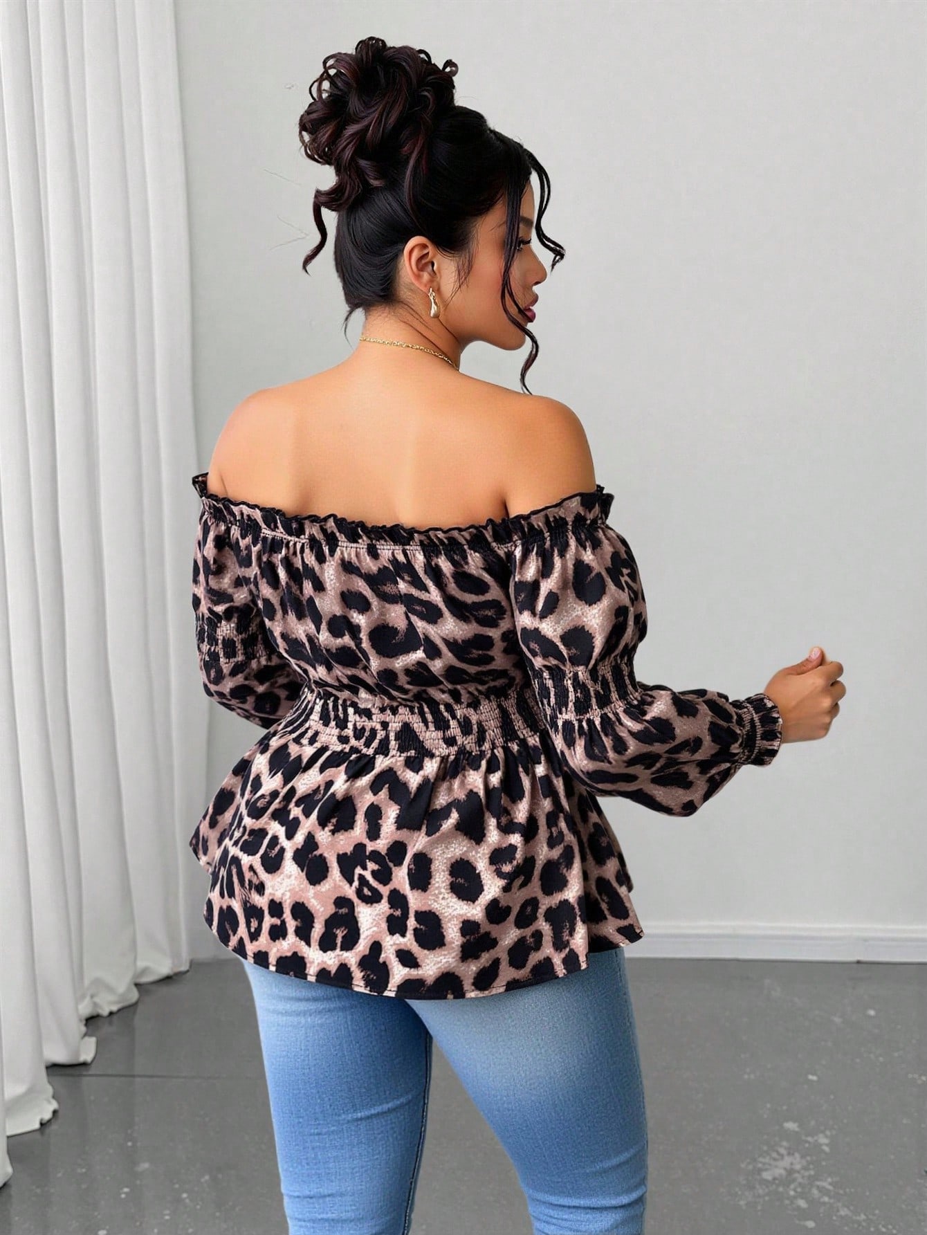 Plus Size Women Leopard Print  - Off Shoulder Blouse ulasan dan harga