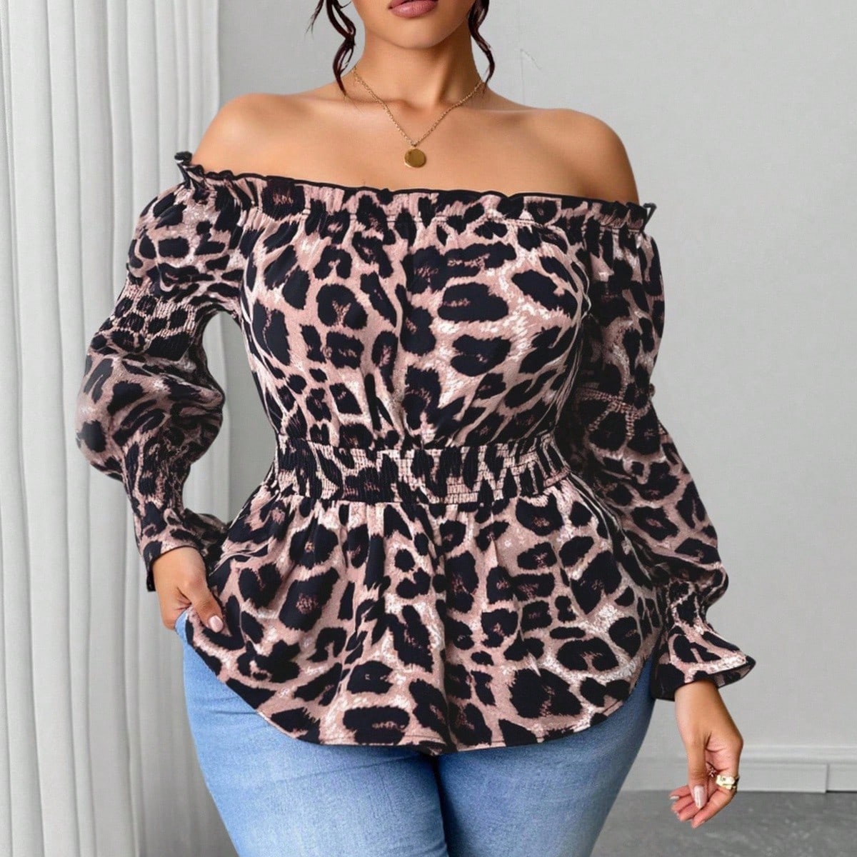 Plus Size Women Leopard Print  - Off Shoulder Blouse ulasan dan harga