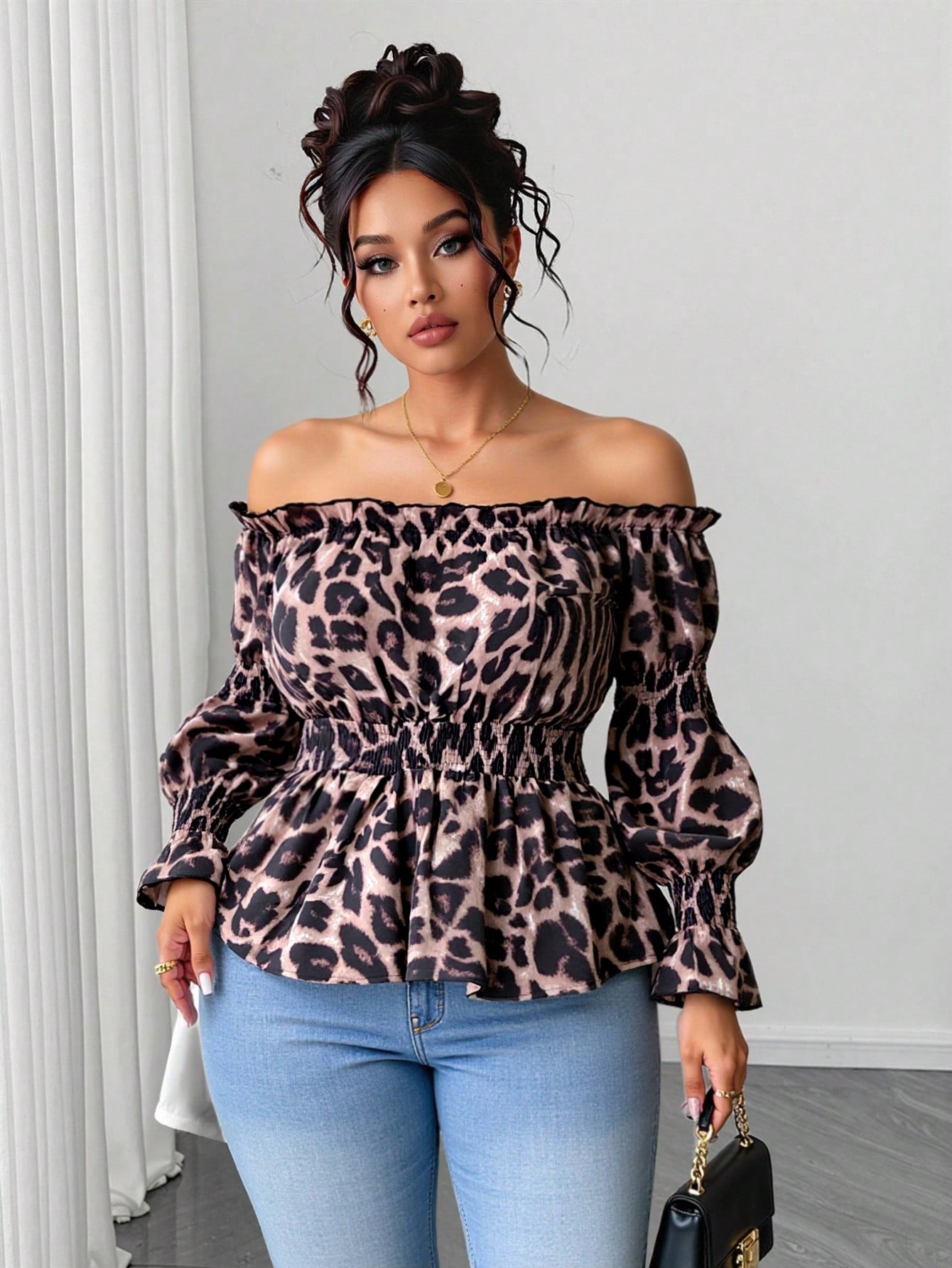 Plus Size Women Leopard Print  - Off Shoulder Blouse ulasan dan harga