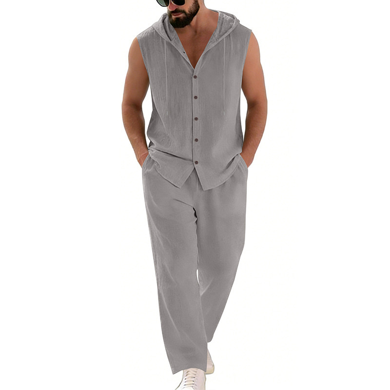 Men's Casual Linen Suit Hooded - Summer Clothing Sets Men ulasan dan harga