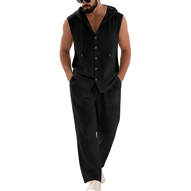 Men's Casual Linen Suit Hooded - Summer Clothing Sets Men ulasan dan harga