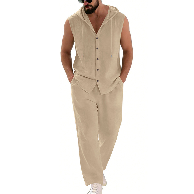 Men's Casual Linen Suit Hooded - Summer Clothing Sets Men ulasan dan harga